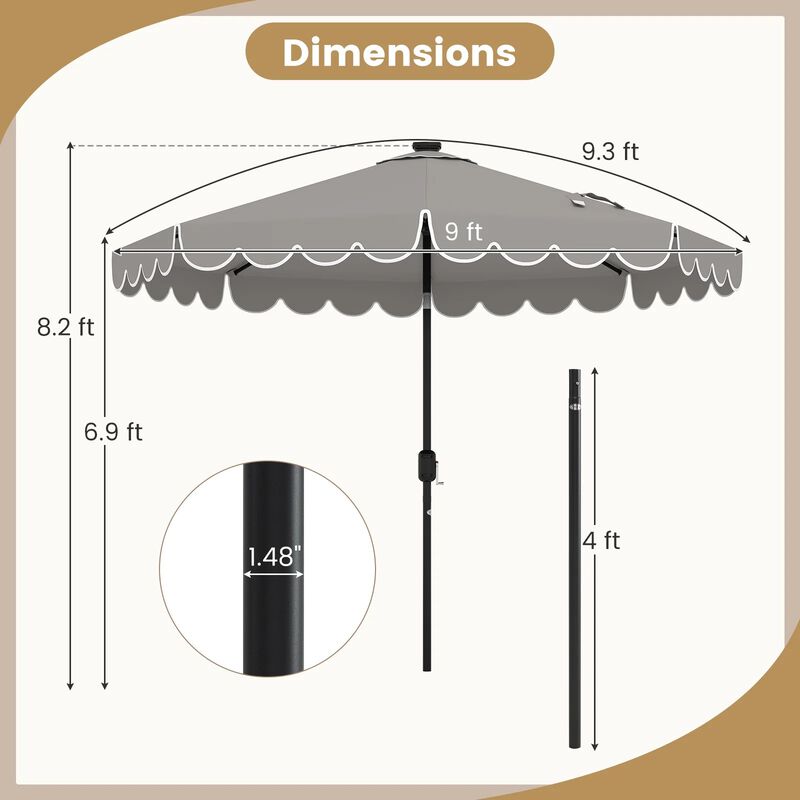 9.3 FT Solar Patio Umbrella with 24 LED Lights Vented Top and Ruffles image number 3