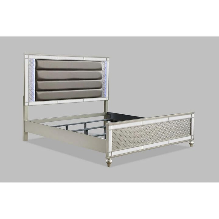 Benjara Cristo Queen Size Bed, Fabric Upholstery, Wood, Mirror Trim, Champagne Silver and Gray