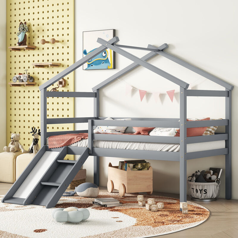 Whisen Twin Low Loft House Bed with Fun Slide, Secure Ladder, and Playful Roof Frame image number 2