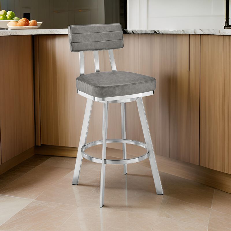Poni 30 Inch Swivel Barstool Chair, Cushioned Seating, Gray Faux Leather - Benzara