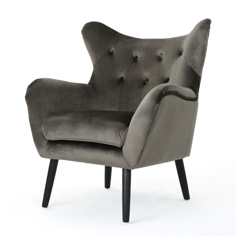 Zorro Armchair, Black Angled Wood Legs, Gray Button Tufted Velvet