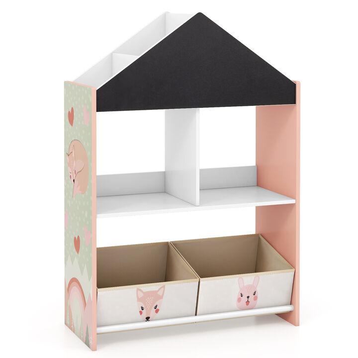 Playhouse Kids Bookshelf with Chalkboard and Whiteboard for 3-6 Years