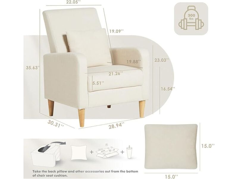 Accent Chair &ndash; Beige Mid‑Century Upholstered Armchair with Pillow & Wood Legs image number 1