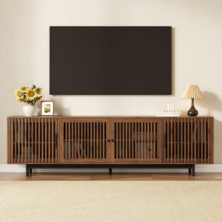 Merax Entertainment Center with Textured Slatted Doors, Hidden Storage, Cable Management