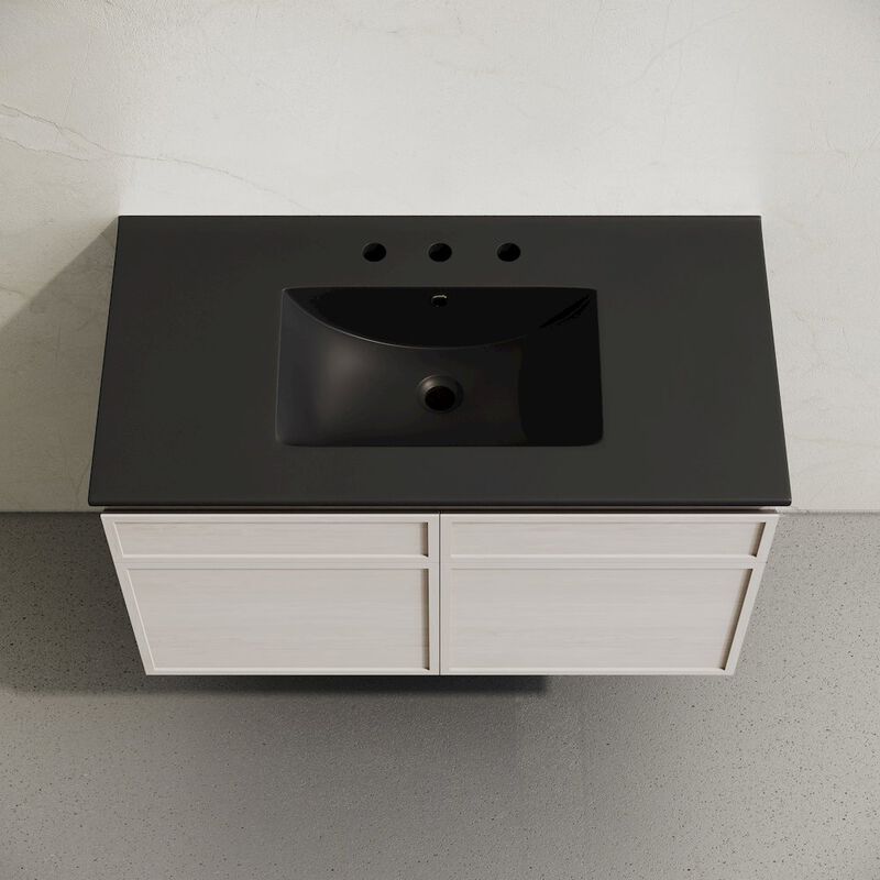 36" Wall-Mounted Bathroom Vanity in White Oak, Black 3-Hole Widespread Sink Top image number 2