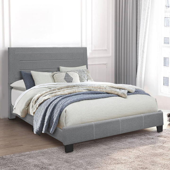 Queen Size Bed with Fabric Wrapped Frame and Panel Headboard, Gray-Benzara