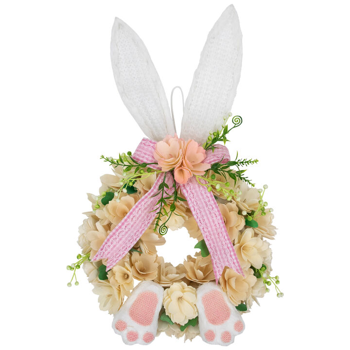 Wooden Floral Artificial Easter Wreath with Rabbit Ears and Paws - 18"