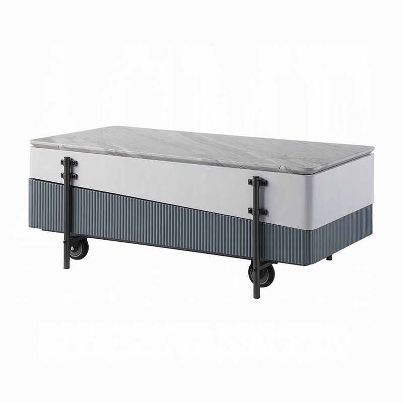 Mindy Coffee Table with Lift Top, 3 Compartments, White Gray 47 Inch