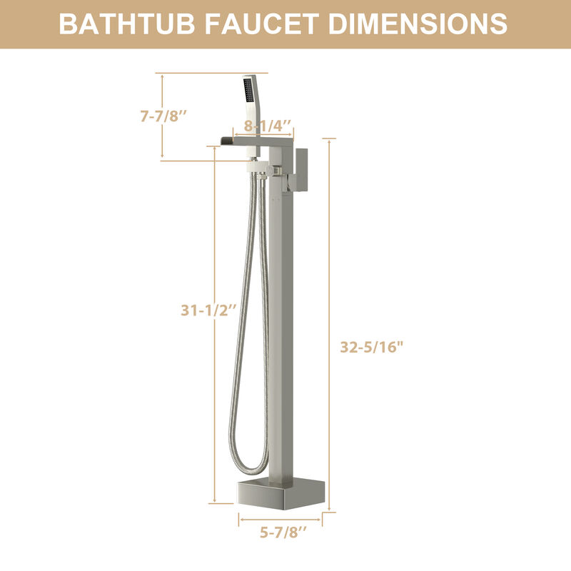Freestanding Bathtub Faucet Waterfall Tub Filler Brushed Nickel Floor Mount Brass Bathroom Faucets with Hand Shower