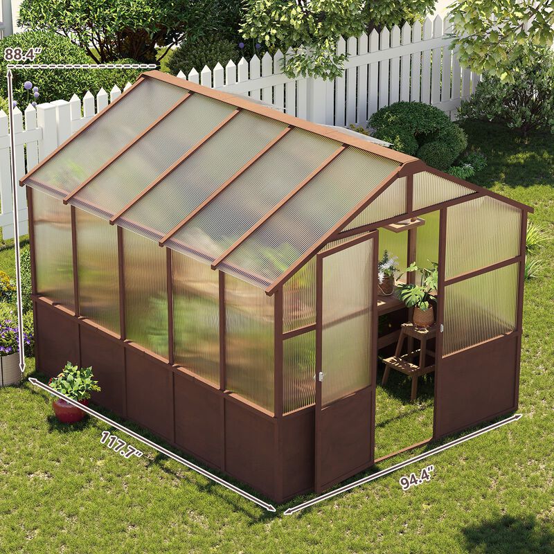 8x10 FT Greenhouse, Wooden Walk-in Greenhouse for Outdoors with Polycarbonate Panel and Adjustable Roof Vents image number 4