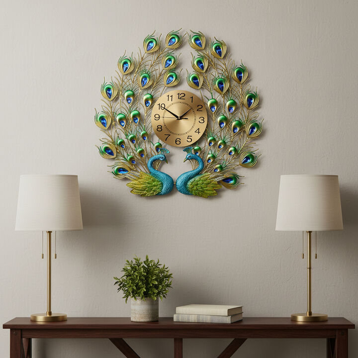 HomeRoots 25" Blue Green And Gold Metal Silent Analog Peacock Novelty Wall Clock