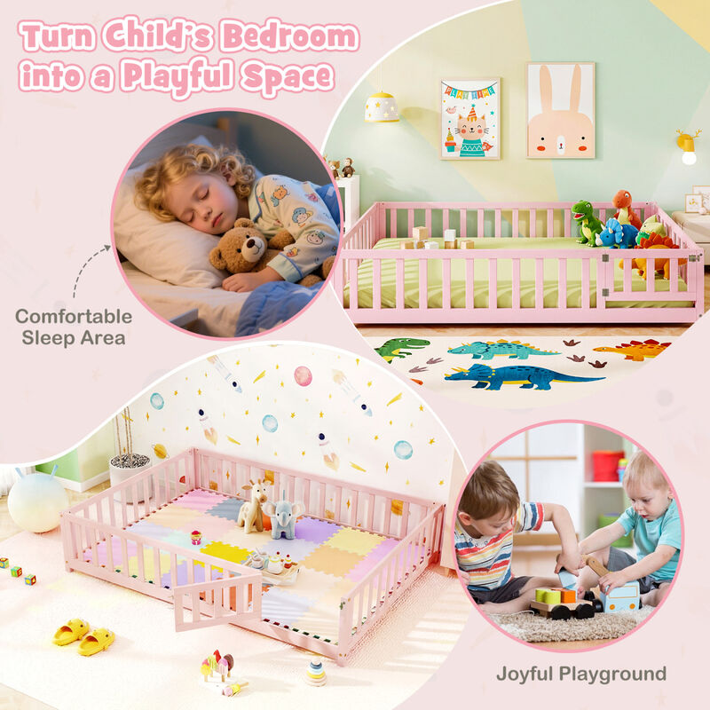 Montessori Floor Bed Frame with Guardrails, Safety Door and Latch image number 2