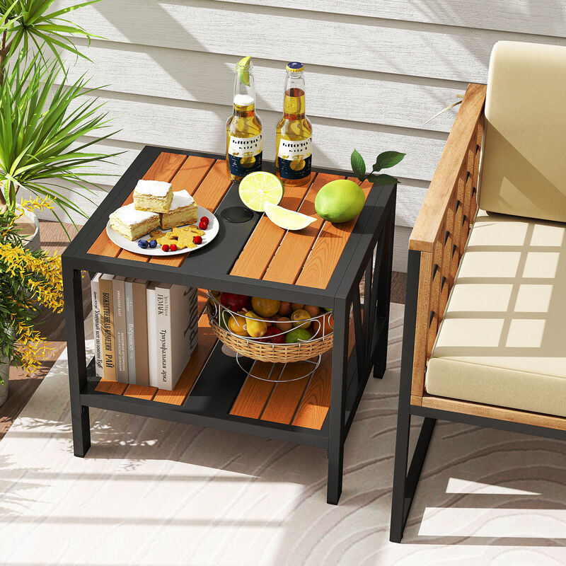 Outdoor Side Table with Built-In Umbrella Hole and Storage Shelf for Porch image number 1