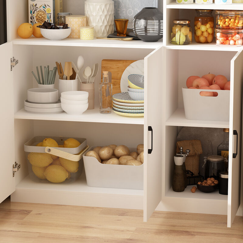 White Wooden Sideboard, Food Pantry, Wine Cabinet, Storage Cabinet with 4 Cabinet and 4 Open Shelves