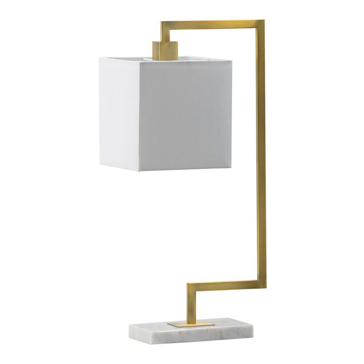 25 Inch Modern Geometric Table Lamp, Square Shade, White Marble Base, Gold-Benzara