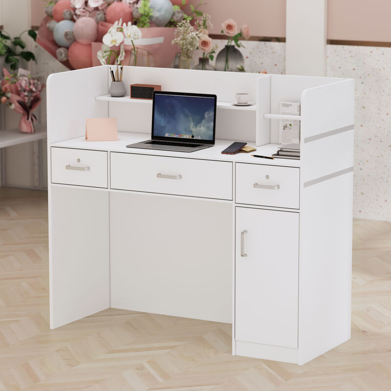 47.2 in. Rectangle White Wooden Desk with 3-Drawers, Cabinet and Shelves