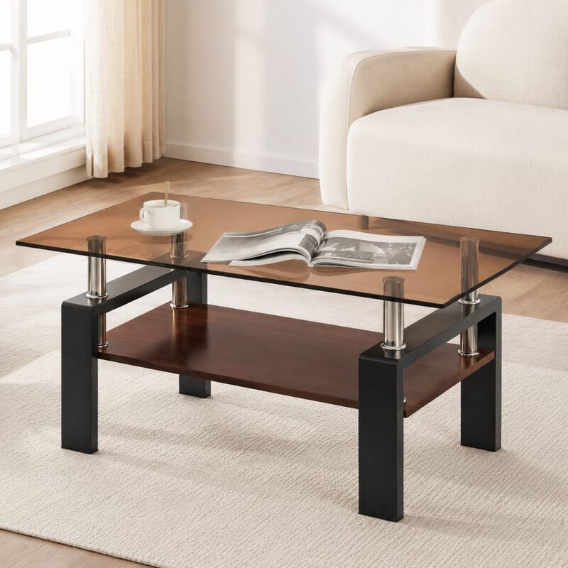 GOODSILO Modern Rectangular Coffee Table with Tempered Glass Top, Storage Shelf and Durable Metal Legs for Living Rooms image number 3