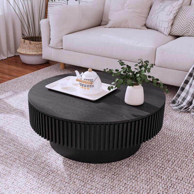 Round coffee table with storage Solid wood veneer and MDF coffee table with fluted base Modern accent coffee table for small spaces image number 1