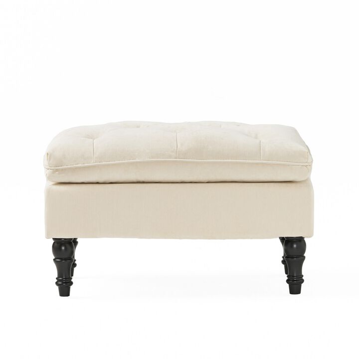 Ottoman, Pillow Top Cushion, 29x18 Rectangular Tufted Ivory Fabric - Benzara