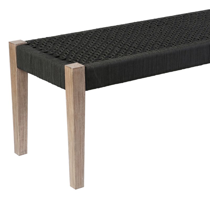 Nif 71 Inch Rectangular Dining Bench, Rope Woven Top, Tapered Legs, Black - Benzara