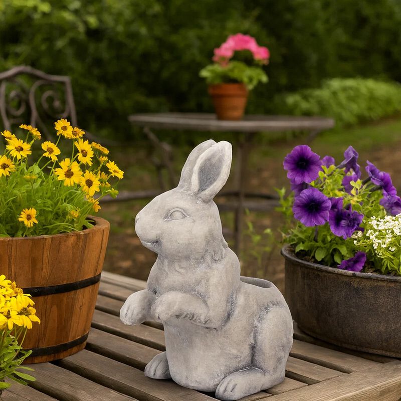 Antique Styled Raw Textured Polyresin Standing Rabbit Planter, Gray image number 4