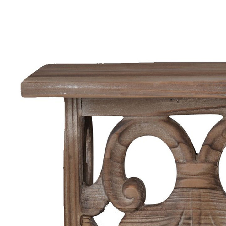 23.5 Inches Wooden Wall Shelf with Scrollwork, Small, Brown - Benzara