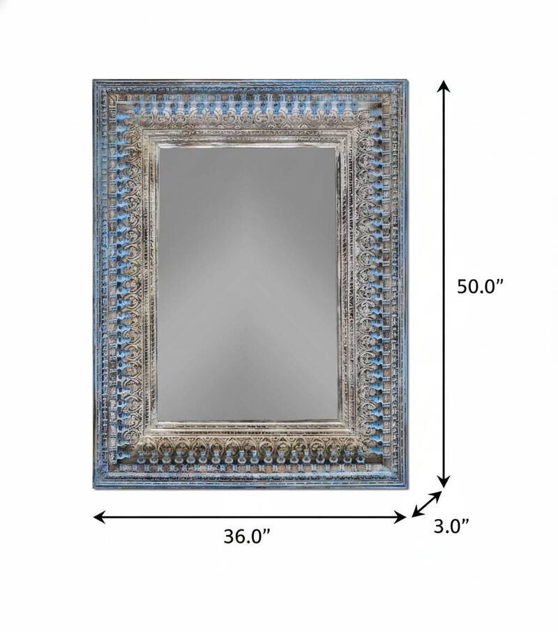 HomeRoots 50" Blue and Silver Solid Wood Framed Accent Mirror image number 4