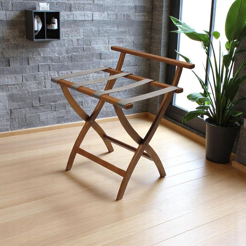 High Back Solid Wood Folding Luggage Rack with Straps