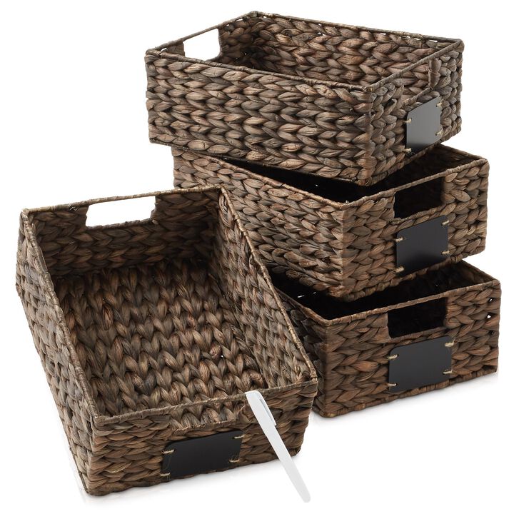 Casafield Set of 4 Water Hyacinth Pantry Baskets, 10"" x 13"" x 5"", with Chalkboard Labels and Chalk Marker - Espresso, Woven S