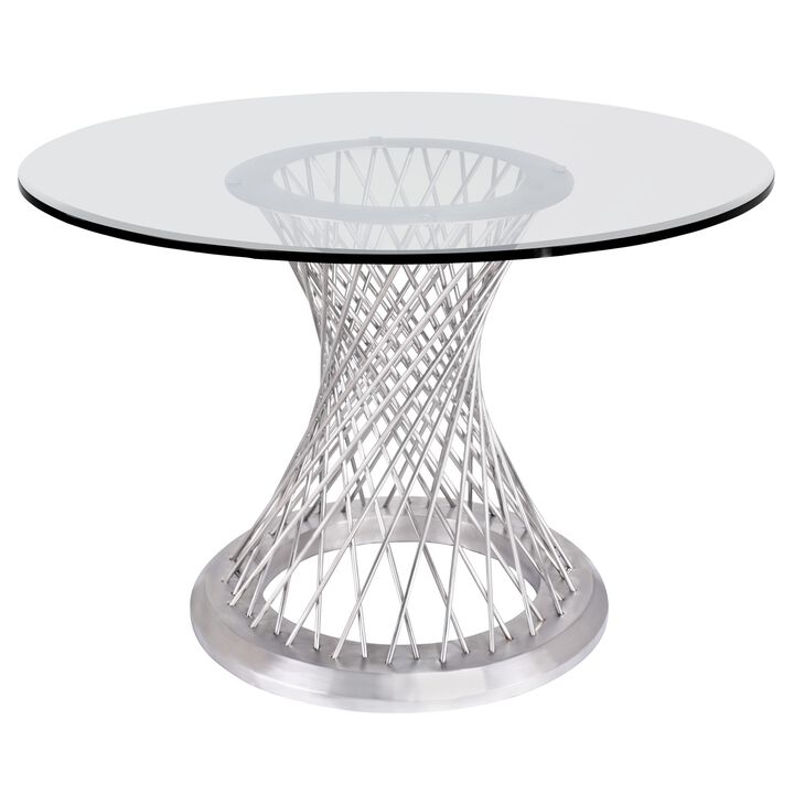 Round Glass Top Dining Table with Metal Mesh Base, Silver-Benzara