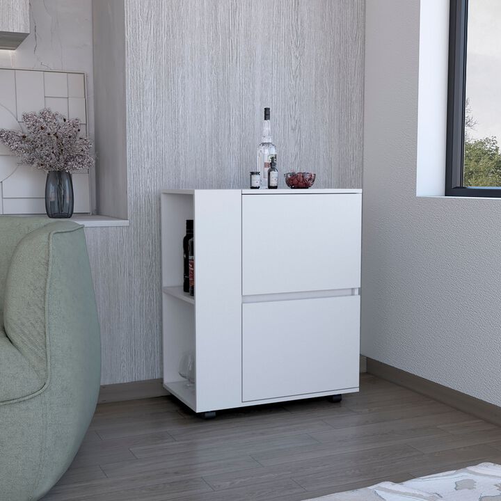 32" H  white bar-coffee cart, Kitchen or living room furniture with 4 wheels, folding surface, 2 central drawers covered by folding doors, storage for glasses, snacks.
