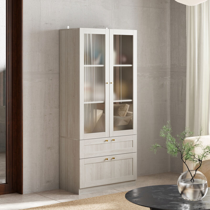 FUFU&GAGA Modern White Bookcase with Adjustable Shelves and Spacious Storage (31.5" W x 70.9" H x 15.7" D), Wood Grain Finish with Brass Pull Handles