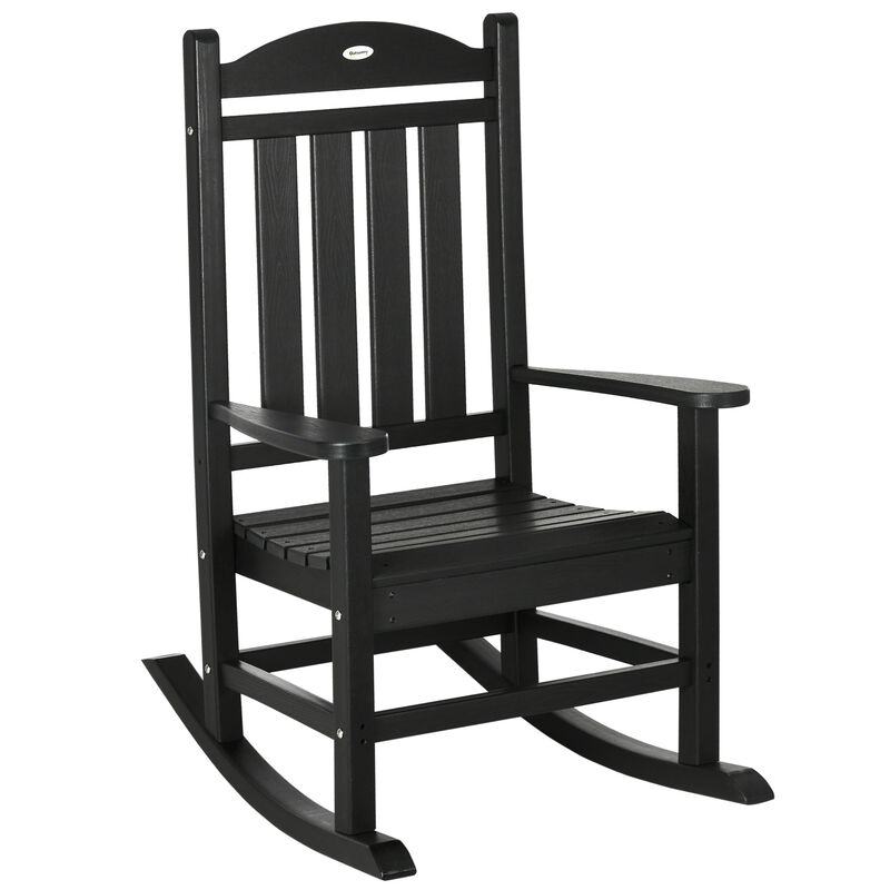 Black Outdoor Rocker: Wooden Chair with Rustic High Back & Armrests