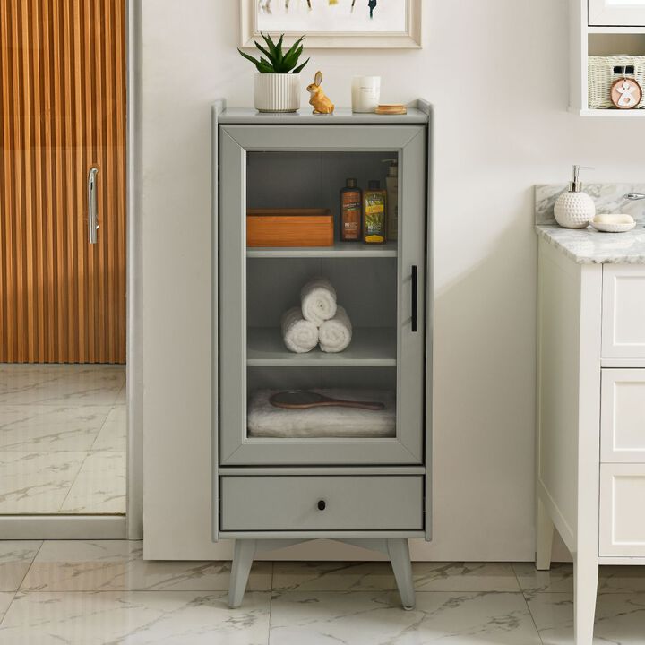 Modern Bathroom Storage Cabinet & Floor Standing cabinet with Glass Door with Double Adjustable Shelves and One Drawer, Extra Storage Space on Top, Gray(19.75"x13.75"x46")