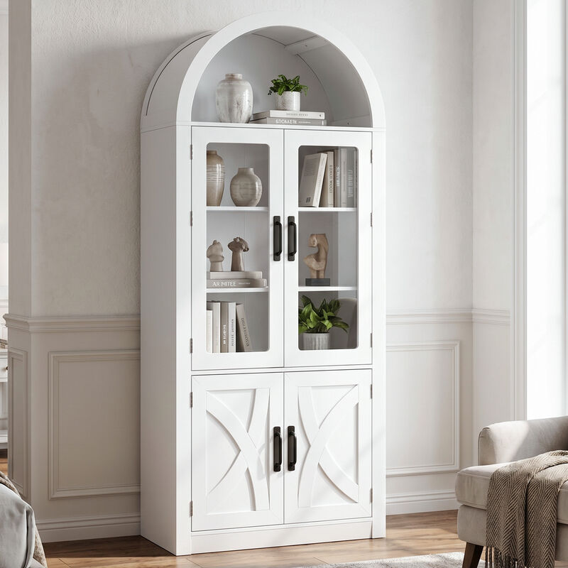 70" Tall Arched Modern White Wooden Pantry Storage Cabinet with Adjustable Shelves for Dining Room, Living Room, Kitchen image number 5