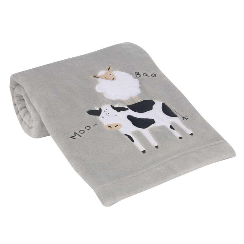 Lambs & Ivy Baby Farm Cow/Sheep Appliqued Gray Luxury Fleece Baby Blanket