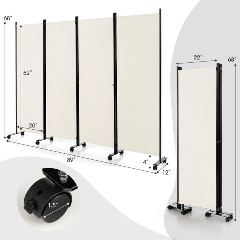 Hivvago 4-Panel Folding Room Divider 6 Feet Rolling Privacy Screen with Lockable Wheels image number 3