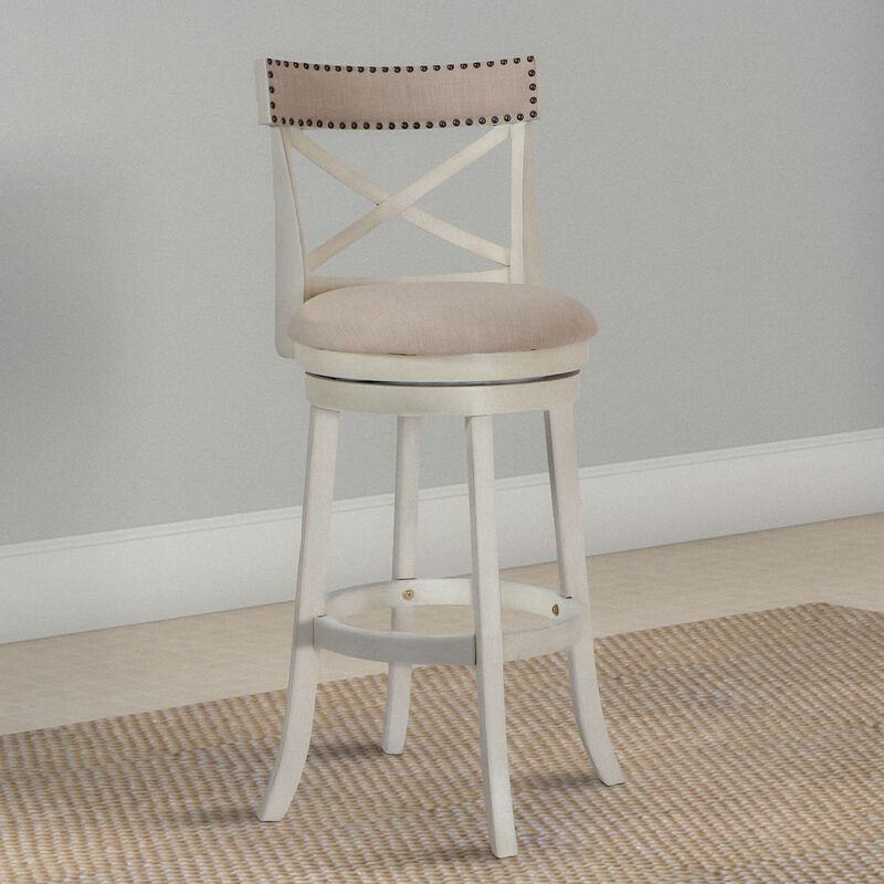 Curved X Shaped Back Swivel Barstool with Fabric Padded Seating, Antique White-Benzara