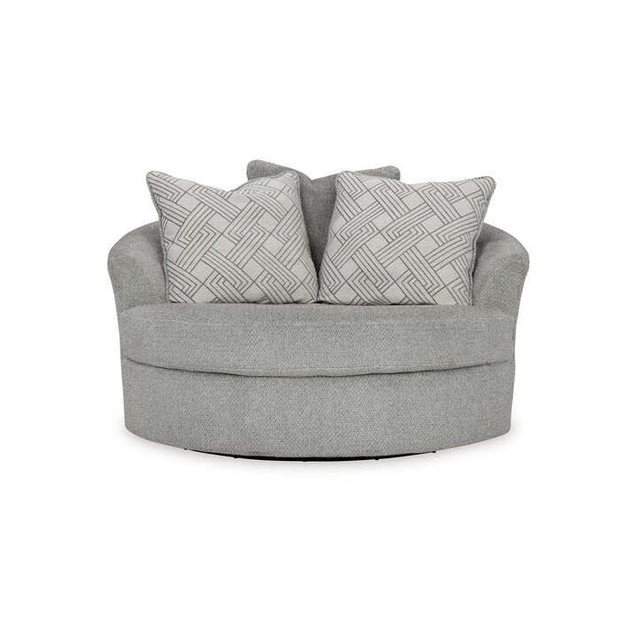 Viney Swivel Round Oversize Chair, 3 Pillows, Cement Gray Polyester - Benzara
