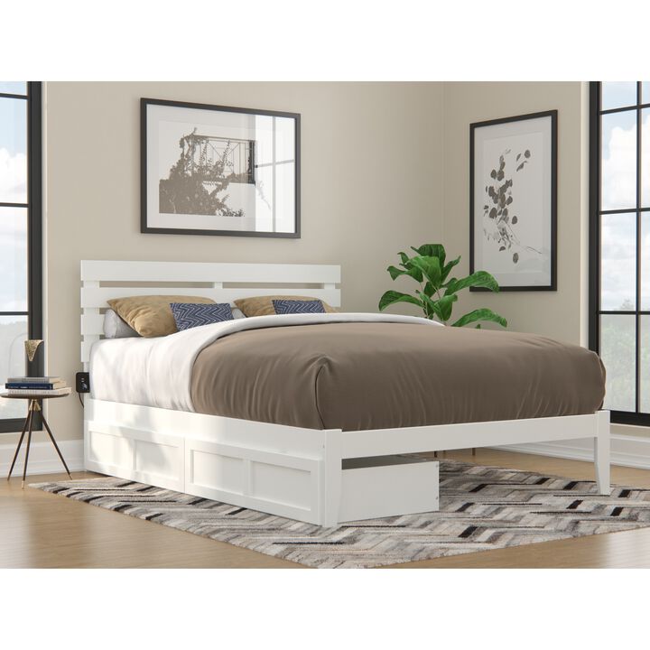 Oxford Queen Bed with USB Turbo Charger and 2 Extra Long Drawers in White