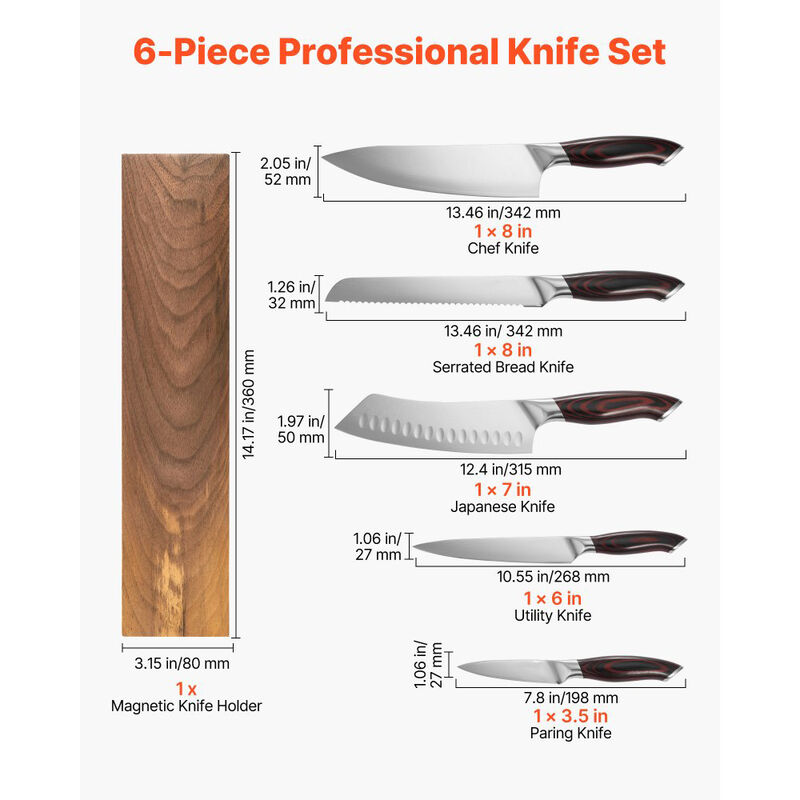 6 Piece Kitchen Knife Set with Magnetic Holder, High Carbon Stainless Steel Cutlery image number 2
