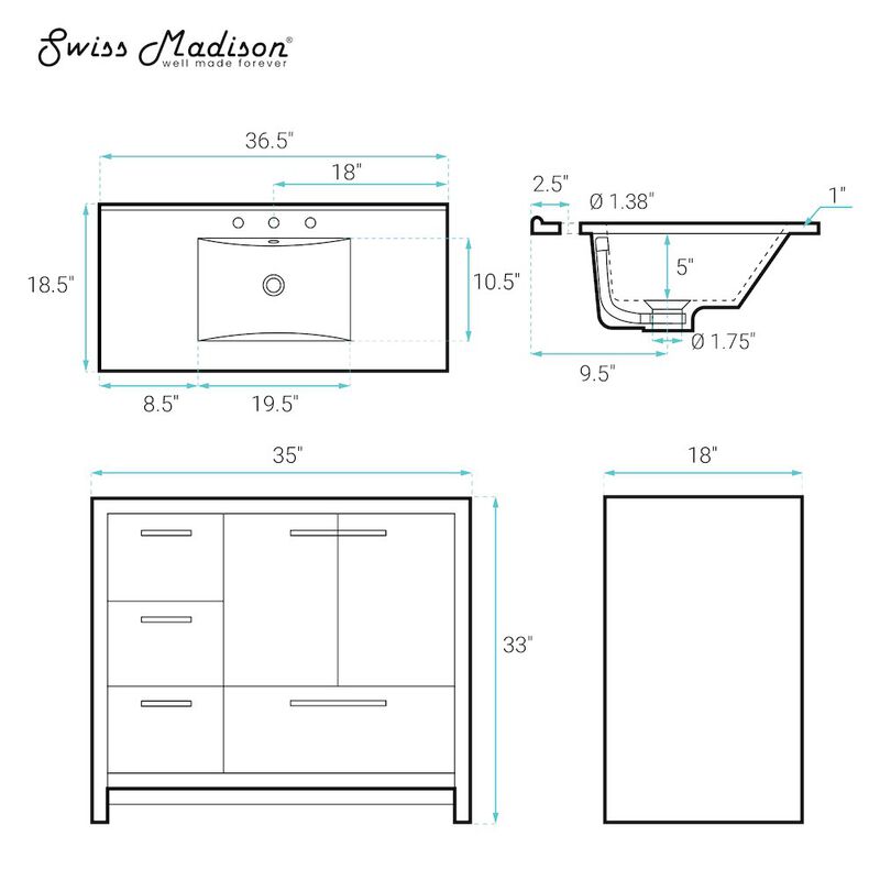 36" Freestanding Bathroom Vanity in Brown Oak with 3-Hole Widespread Sink Top image number 5