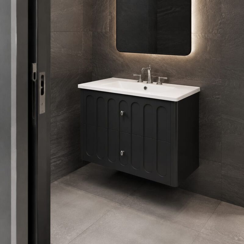 ELEMENT ACE 30 Inch Modern Wall-Mounted Floating Bathroom Vanity with Ceramic Sink, Soft-Close Drawers, Round Edges, Oval Knobs Ideal for Small Compact Bathrooms image number 2