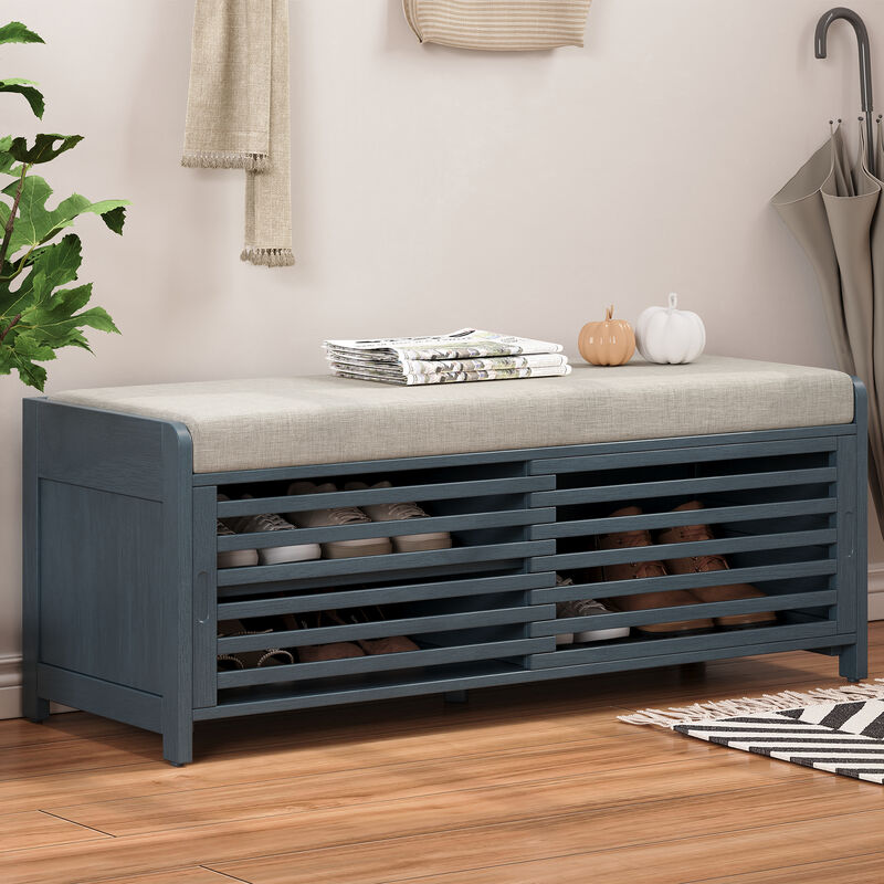 Whisen Distressed Shutter Storage Bench with Acacia Veneer for Living Room, Entryway - Gray