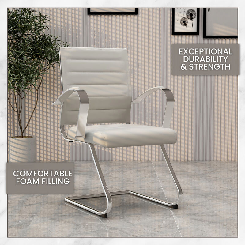 LeisureMod Benmar Guest Office Chair, Ribbed Leather Upholstery with Chrome Arms and Sled Base, Modern Desk Seating for Home or Conference Room