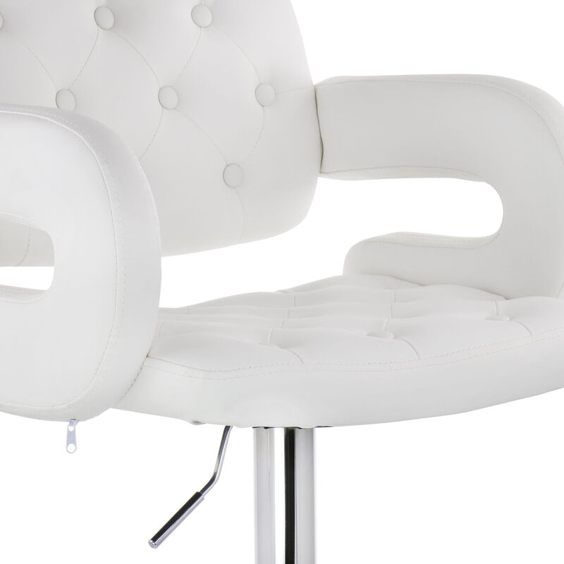 Elama Faux Leather Tufted Bar Stool in White with Chrome Base and Adjustable Height