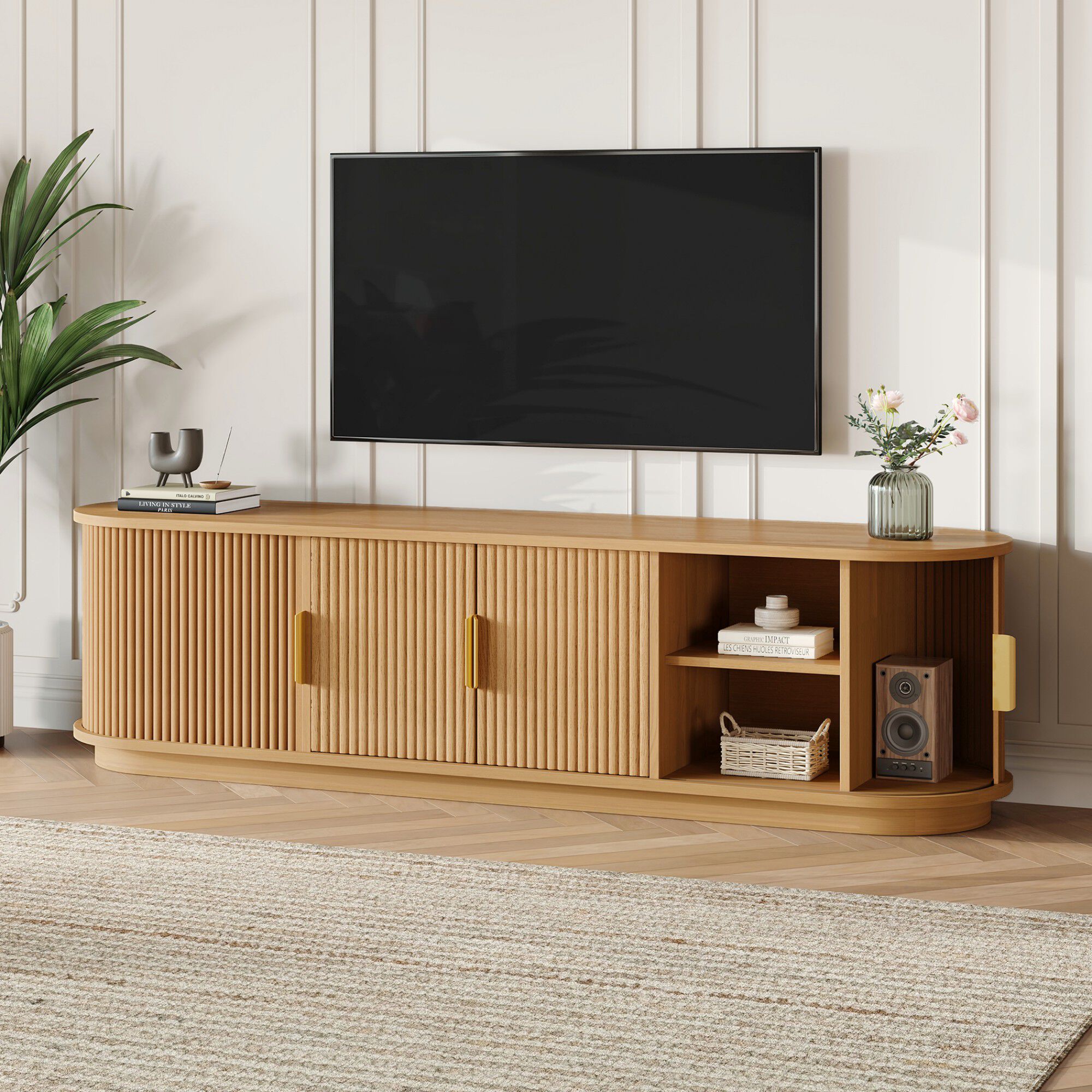 Farmhouse Wooden TV Stand with Sliding Tambour Door