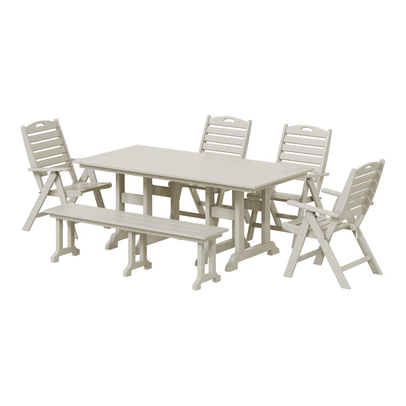 WestinTrends 6-Piece HDPE Rectangular Patio Dining Table Set with Foldable Chairs and Patio Bench