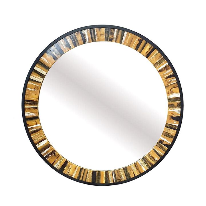 HomeRoots 32" Brown and Black Faux Stone Round Framed Accent Mirror