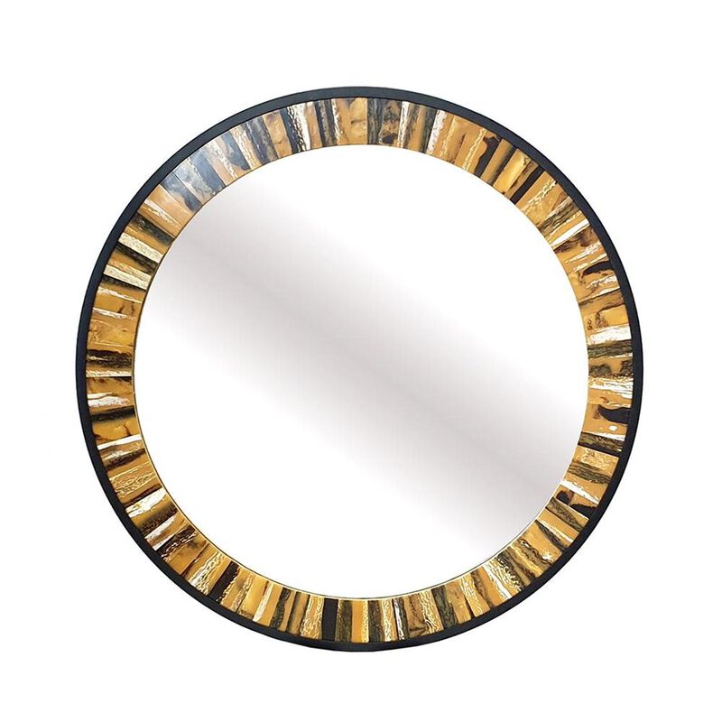 HomeRoots 32" Brown and Black Faux Stone Round Framed Accent Mirror image number 0